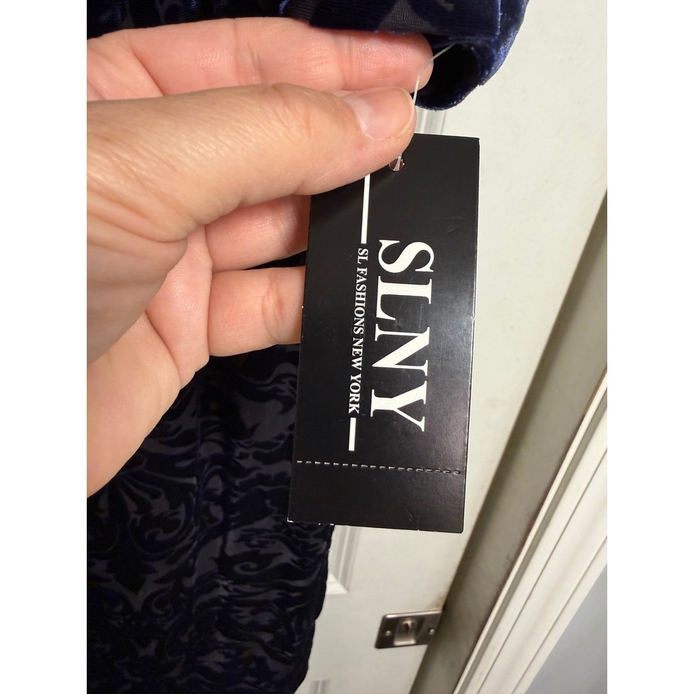 SLNY Womens 22W Navy Blue Velvet Burnout Damask Sheath Dress 3/4 Sleeve - Picture 3 of 10